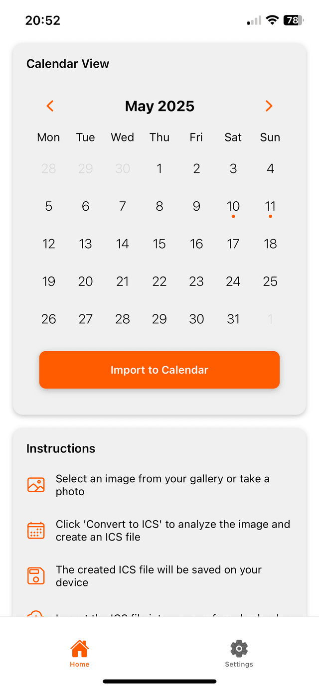 Photo2Calendar App Interface