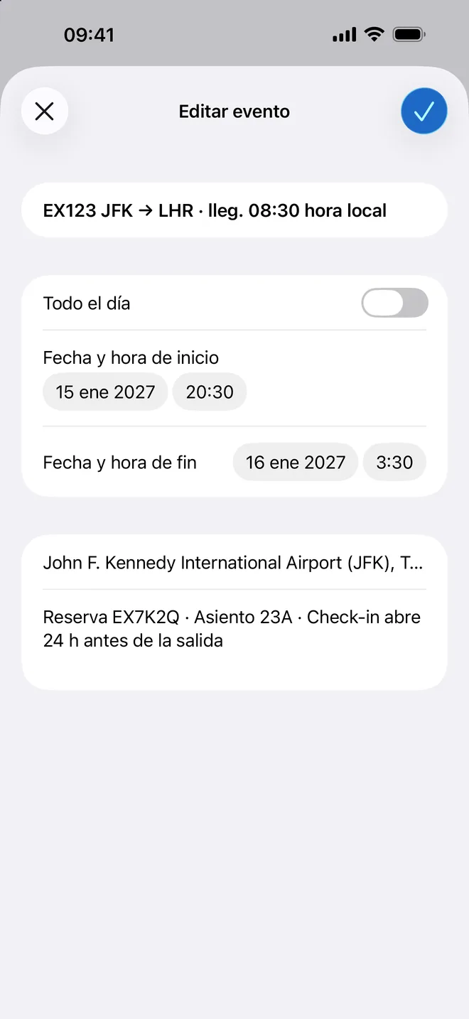 Pantalla de edición de Photo2Calendar con el borrador EX123 JFK a LHR, inicio 15 ene 2027 20:30 y fin 16 ene 03:30