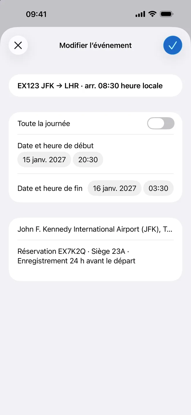 Écran de modification de Photo2Calendar avec le brouillon EX123 JFK vers LHR, début 15 janv. 2027 20:30, fin 16 janv. 03:30