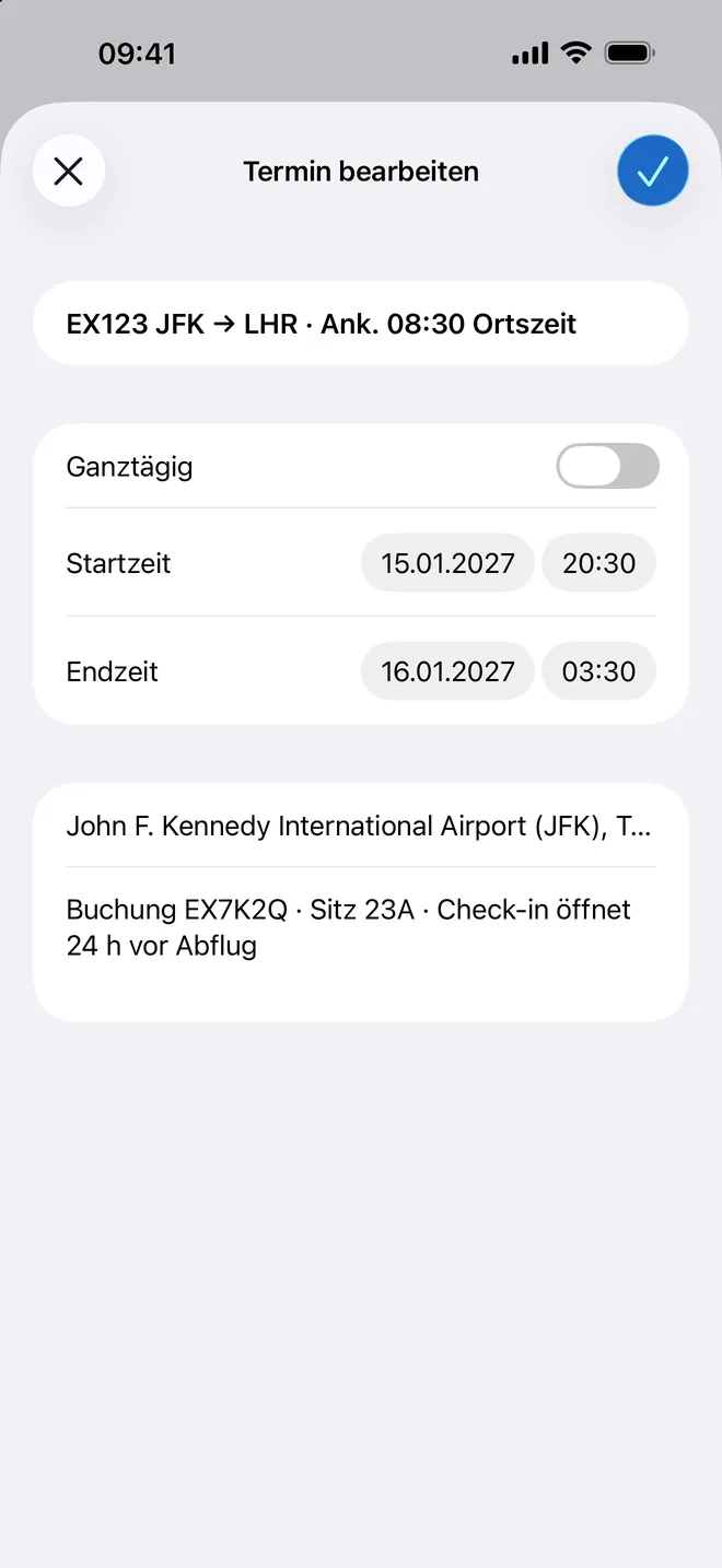 Bearbeitungsansicht in Photo2Calendar mit dem Terminentwurf EX123 JFK nach LHR, Beginn 15. Jan. 2027 20:30, Ende 16. Jan. 03:30