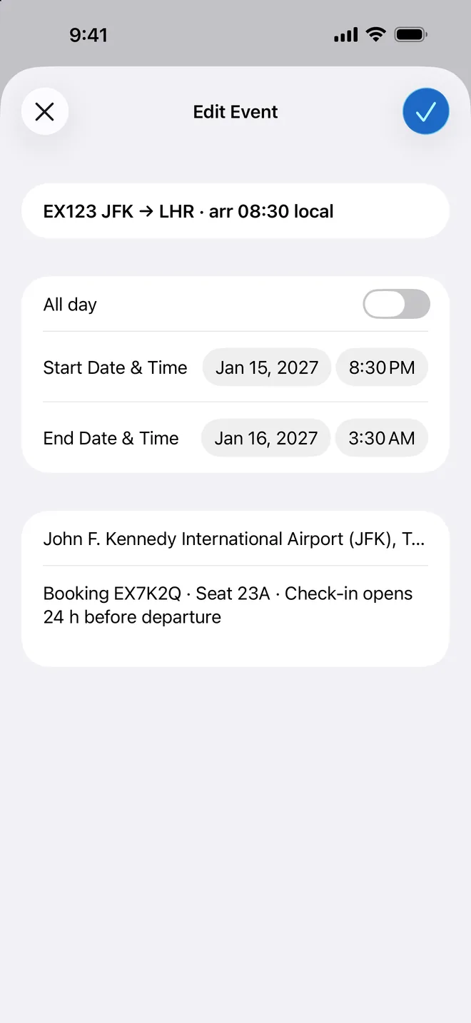 Photo2Calendar edit screen with the draft event EX123 JFK to LHR, starting Jan 15, 2027 at 8:30 PM and ending Jan 16 at 3:30 AM